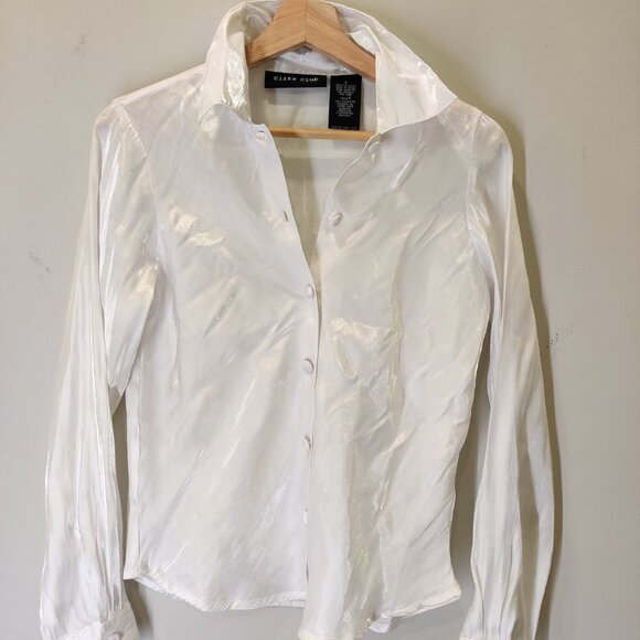 Pearly White Sheen Long Sleeve Collared Elite Club Button-Up Blouse Small - Picture 2 of 5